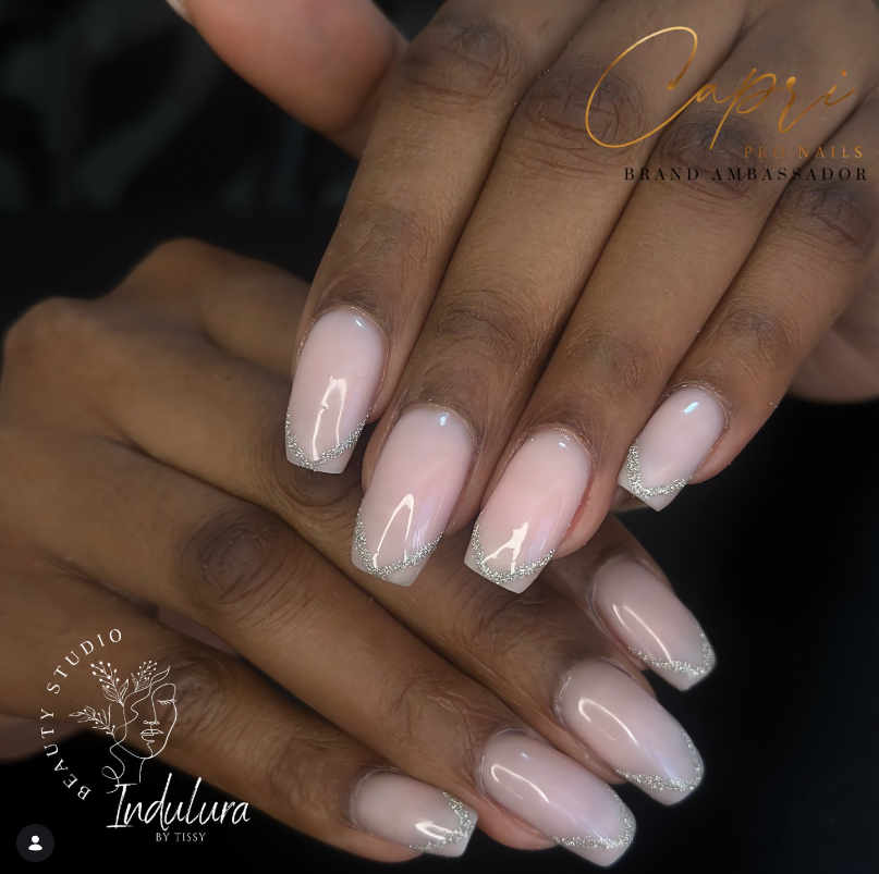 Milky White BIAB with Fine Silver Glitter Outlines